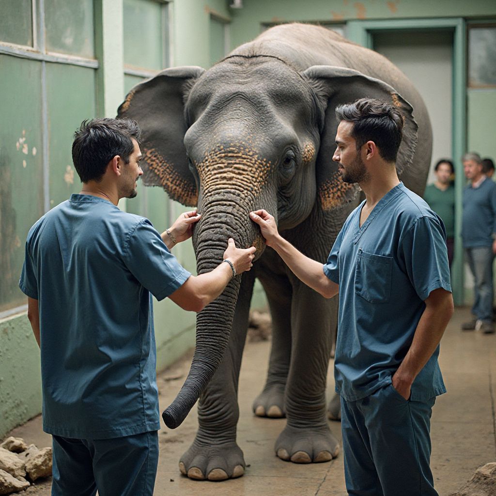 Veterinarians working with recovering animals
